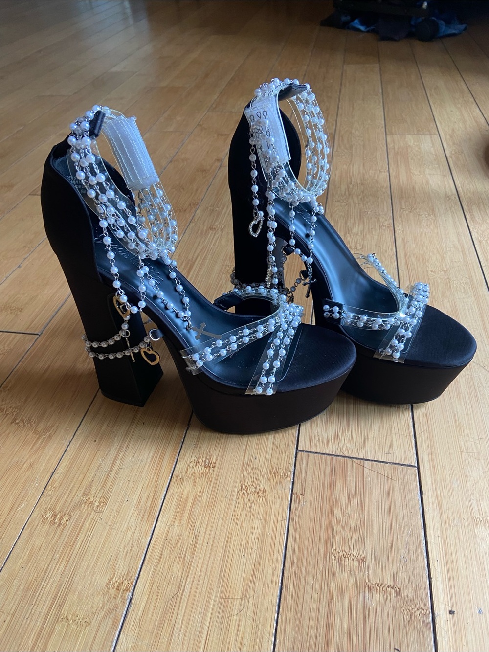 Sugar Thrillz/ Dolls Kill Black Platform Heels with Pearl & Crystal Straps